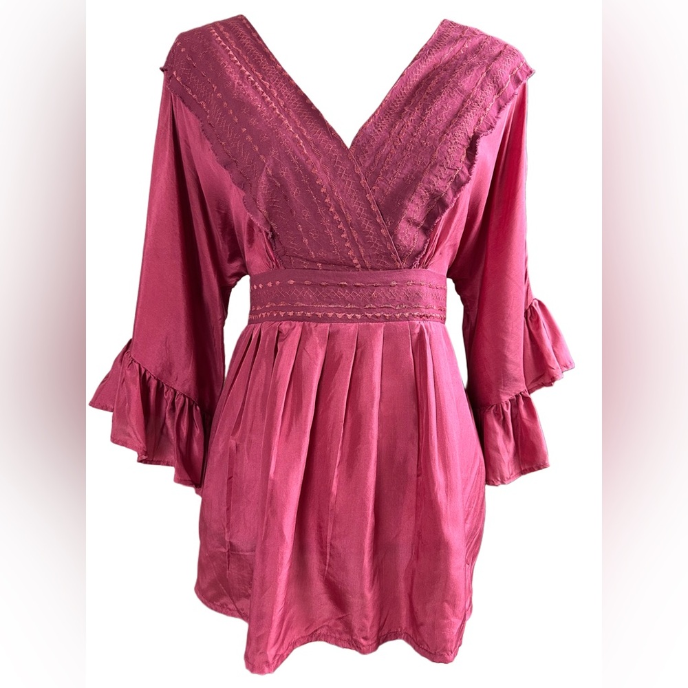 Plenty Tracy Reese Silk Embroidered Vneck Ruffle Boho 3/4 Sleeve Tunic Top 4